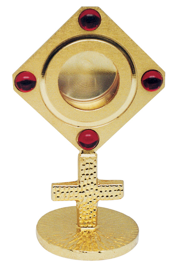 Reliquaire avec croix aux côtés et pierres précieuses rouges